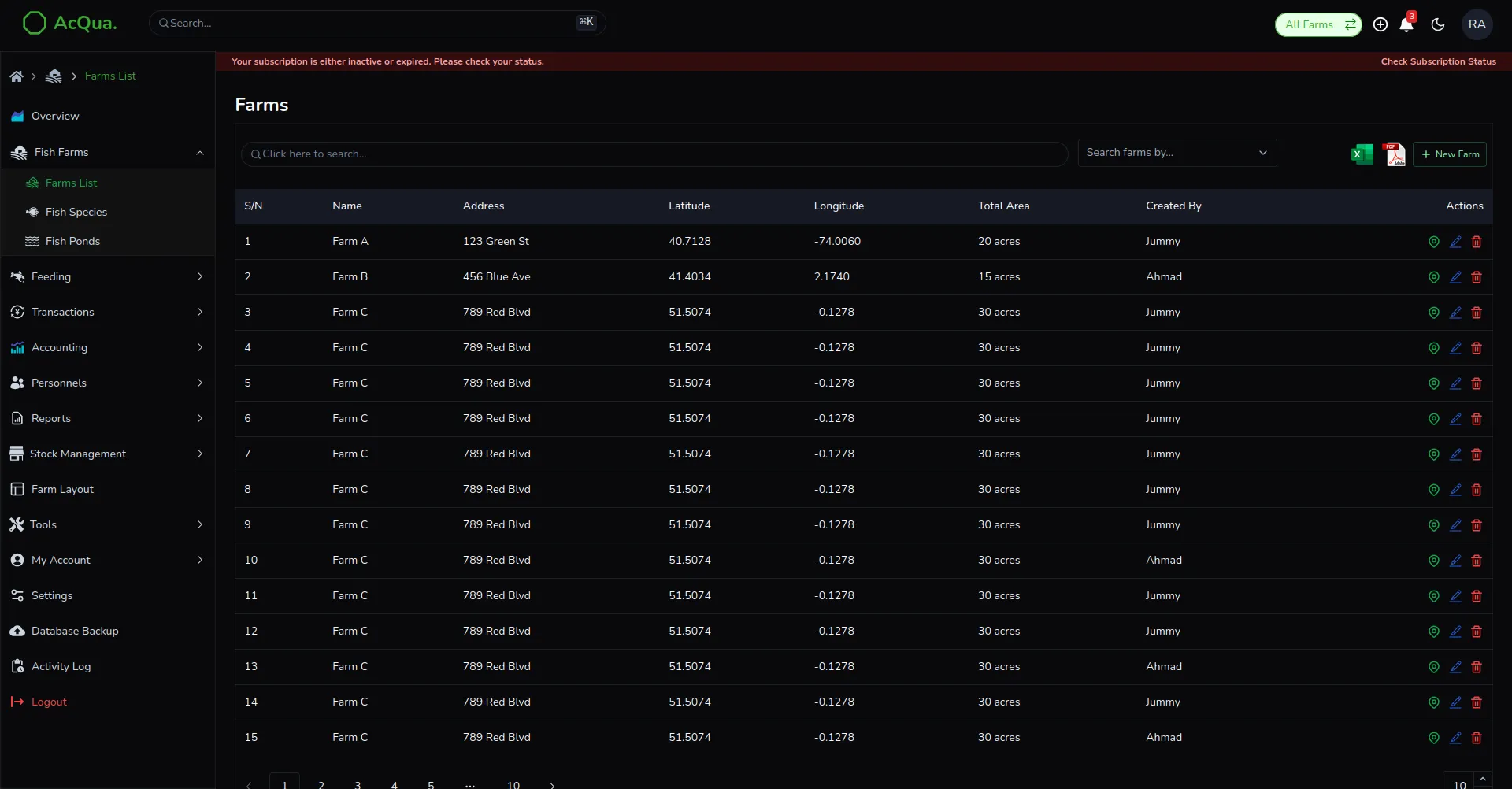 Acqua farms list page